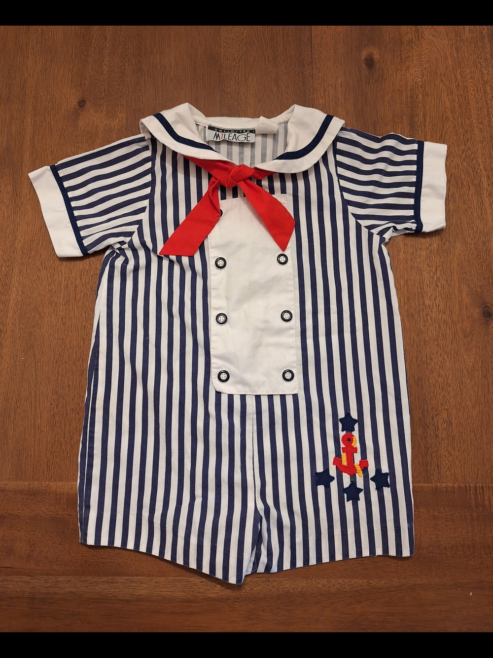 Vintage Nautical Striped Baby Romper with Red Sailor Tie